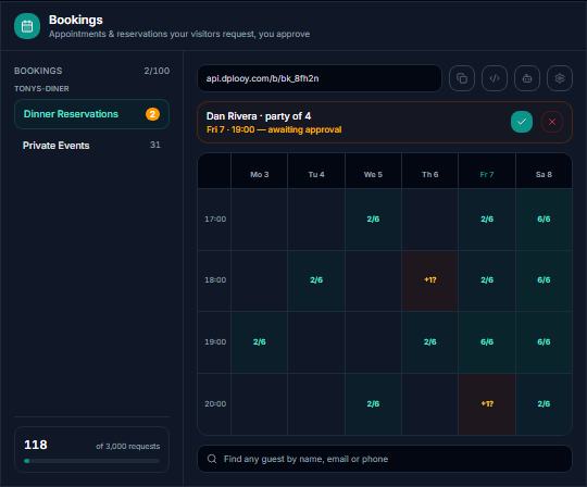 Booking requests from an AI-built website waiting for approval in Dplooy Bookings