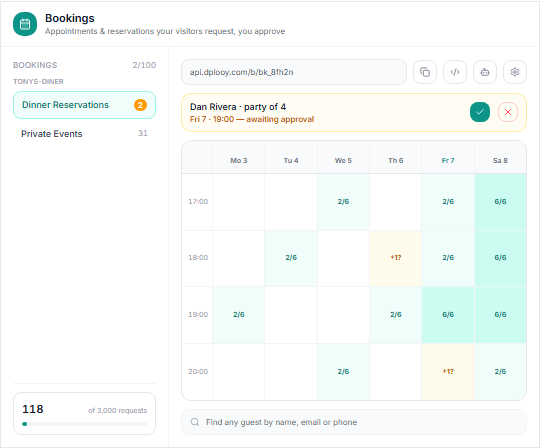 Booking requests from an AI-built website waiting for approval in Dplooy Bookings