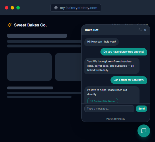 The AI chatbot answering a visitor on a website published from ChatGPT
