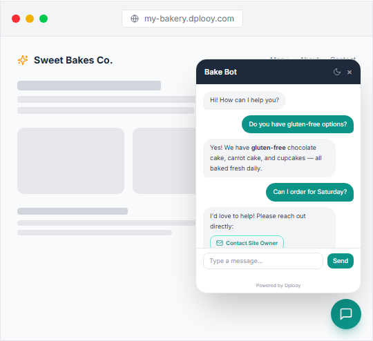 The AI chatbot answering a visitor on a website published from ChatGPT