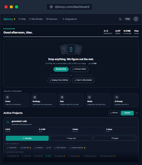 dplooy dashboard showing hosted projects, views and storage