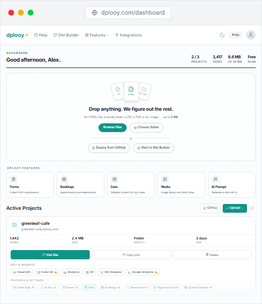 dplooy dashboard showing hosted projects, views and storage