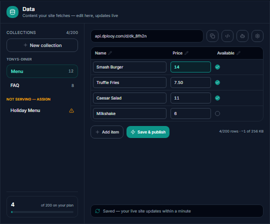 An editable content collection behind an AI-built website, open in the Dplooy dashboard