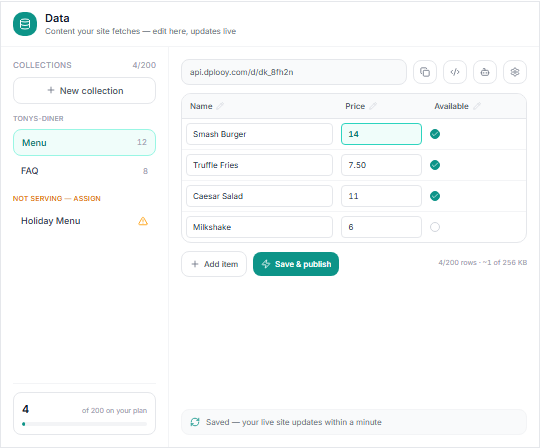 An editable content collection behind an AI-built website, open in the Dplooy dashboard