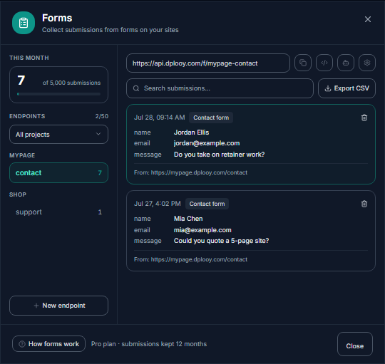 Form submissions inbox for a website Claude built through the Dplooy MCP server
