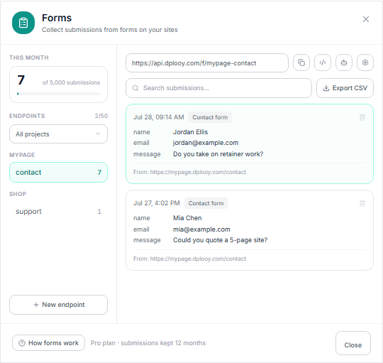 Form submissions inbox for a website Claude built through the Dplooy MCP server